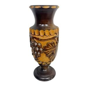 Wooden Handcrafted Hand Carved Vase Grapes,‎ Leaves, Flower - Beautiful!